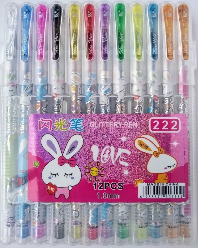 Bolígrafo Gel Escarchado  Set X 12 Colores RABBIT