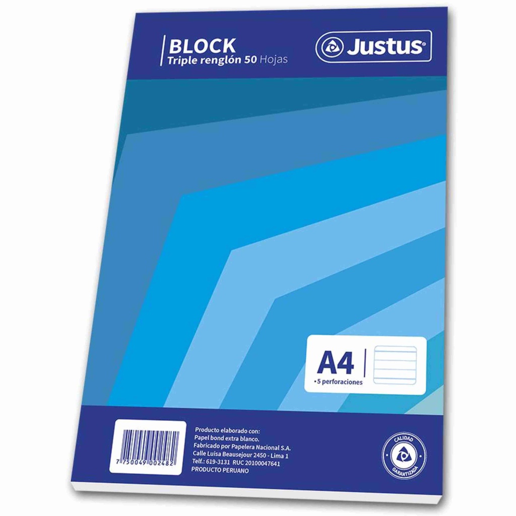 BLOCK A4 50 HOJAS TRIPLE RENGLON JUSTUS