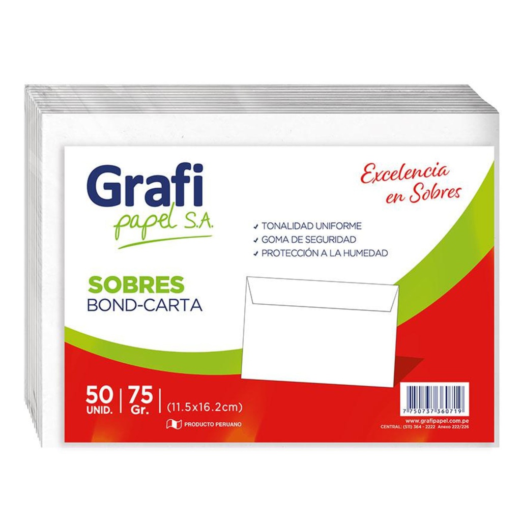 SOBRE BOND 75 GR CARTA N18 PAQUETE X 50 UND GRAFIPAPEL